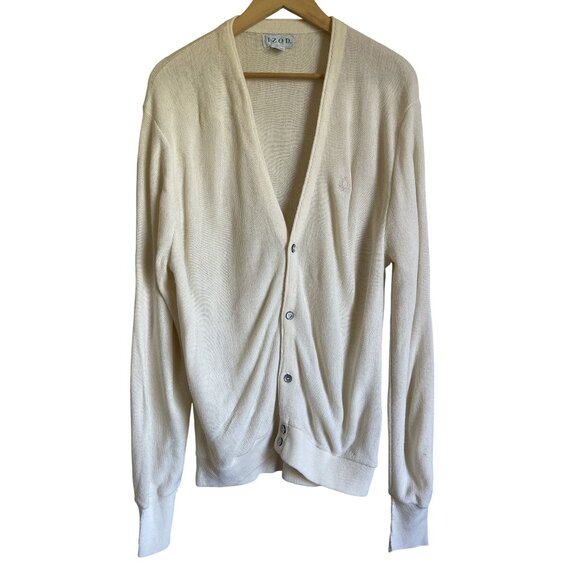 Vintage IZOD 100% Acrylic Made in USA Cream Button Up Cardigan V-Neck Collegiate - Picture 1 of 5